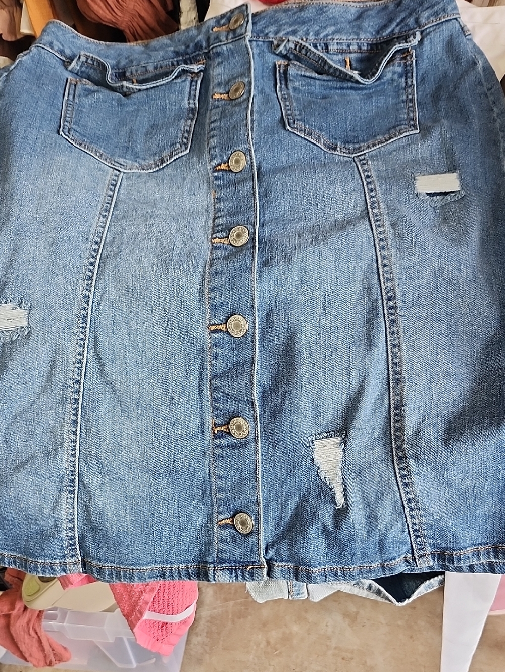 Distressed Blue Denim Button-Front Midi Skirt